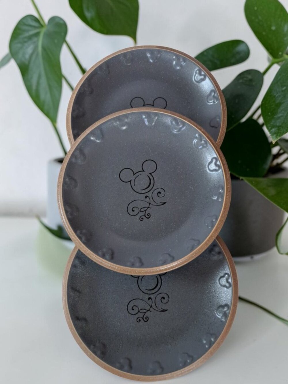 DISNEY PARKS SILHOUETTE LOGO ICON GRAY 8" PLATES - SET OF THREE MICKEY MOUSE